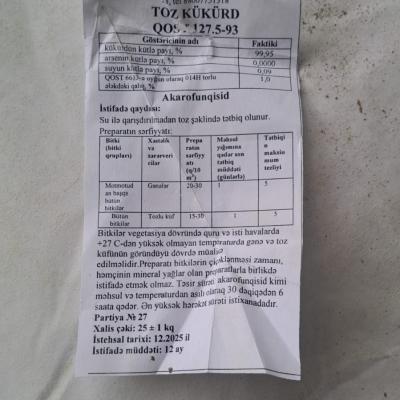 Kənd Təsərrüfatı Kükürdü (Oltingugurt/Sulphur) – 99.9%, 25 kq