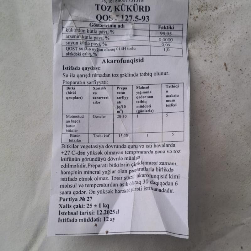 Kənd Təsərrüfatı Kükürdü (Oltingugurt/Sulphur) – 99.9%, 25 kq